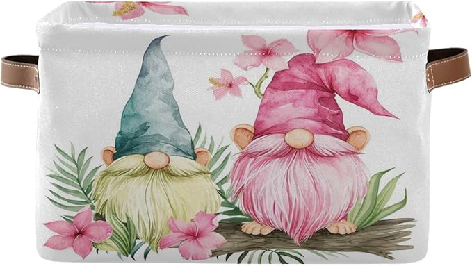 Large Storage Basket Gnomes Spring Storage Bin Cube Canvas Fabric Organizer Handles Collapsible for Clothes Toys Bedroom Decorative