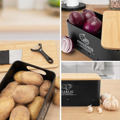Kitchen Vegetable Storage Set of 3, Metal Onion Garlic Potato Storage Set, Kitchen Canisters Vegetable Keeper Containers with Aerating Holes and Wooden Lid (Black)