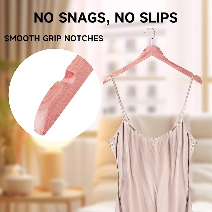 Premium Wooden Top Hangers, Heavy Duty Solid Wood Suit Hangers with 360° Swivel Hook & Anti-Slip Notches, Durable Clothes Hangers for Jackets, Coats, Shirts & Dresses(Cedar Wood/72-Pack)