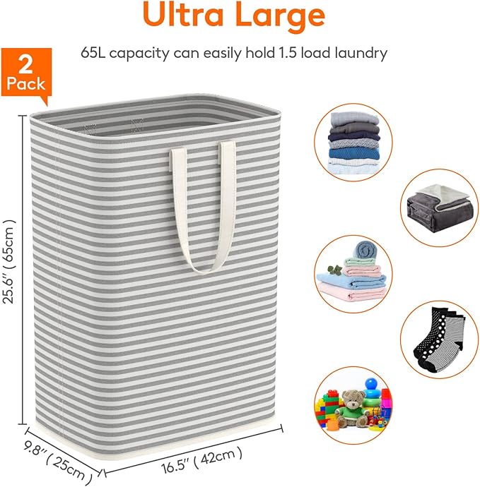 Lifewit 2 Pack Laundry Basket 65L Each, Collapsible Clothes Hamper with Reinforced Handles, Freestanding Waterproof Design for Bedroom and Laundry Room, Grey 130L Total