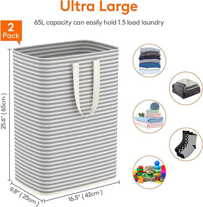 Lifewit 2 Pack Laundry Basket 65L Each, Collapsible Clothes Hamper with Reinforced Handles, Freestanding Waterproof Design for Bedroom and Laundry Room, Grey 130L Total