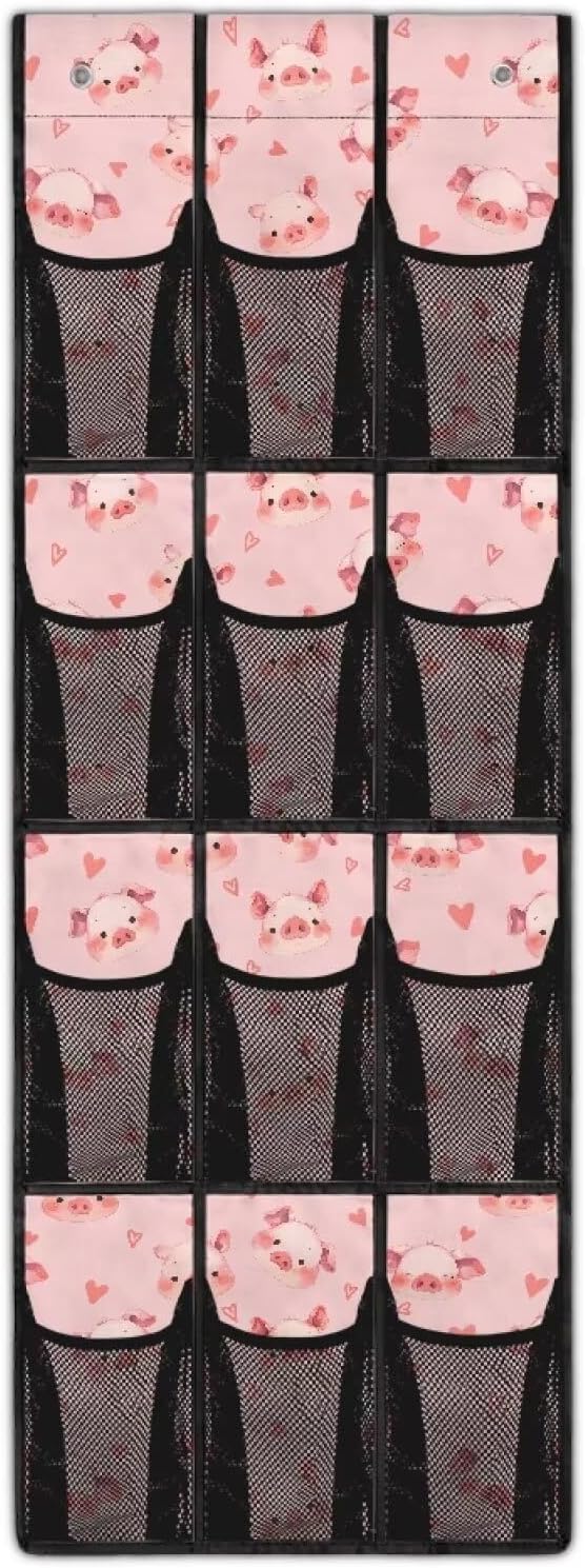 12-Compartment Over The Door Storage Bag, Waterproof Oxford Fabric Dirt-Resistant and Perfect for Organizing Household Items Efficiently, Pink Cartoon Pigs