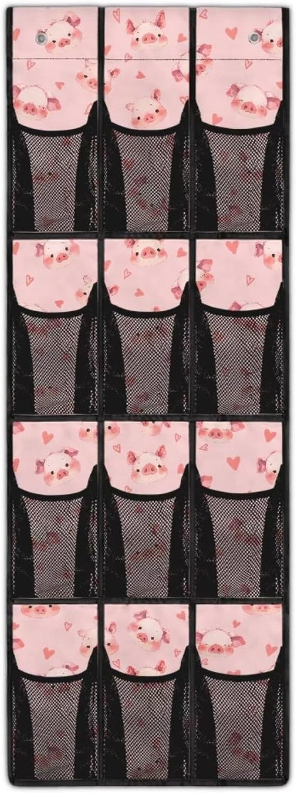12-Compartment Over The Door Storage Bag, Waterproof Oxford Fabric Dirt-Resistant and Perfect for Organizing Household Items Efficiently, Pink Cartoon Pigs