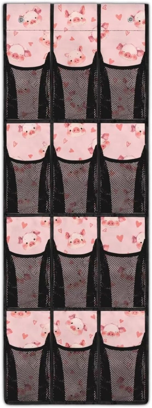 12-Compartment Over The Door Storage Bag, Waterproof Oxford Fabric Dirt-Resistant and Perfect for Organizing Household Items Efficiently, Pink Cartoon Pigs