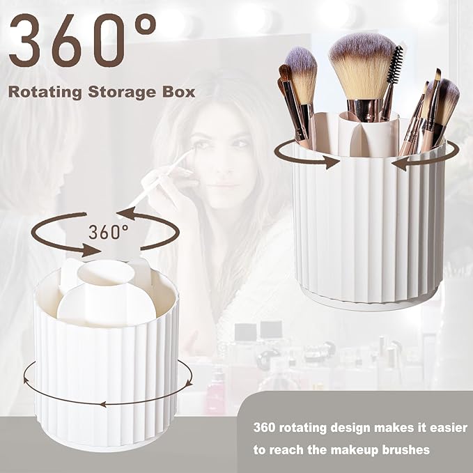 Anyoifax Makeup Brush Holder Organizer 360°Rotating Make Up Brushes Container for Vanity, Spinning Cosmetics Storage Cup, Stripe White