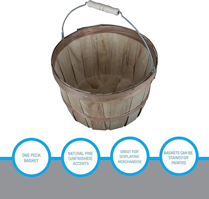 SSWBasics One Peck Basket With Handle - Set of 3 - Natural Unfinished Pine Wood Apple Basket - Durable Bushel Baskets for Produce Display - Ideal for Retail, Thrift, Boutique, Convenience Store,