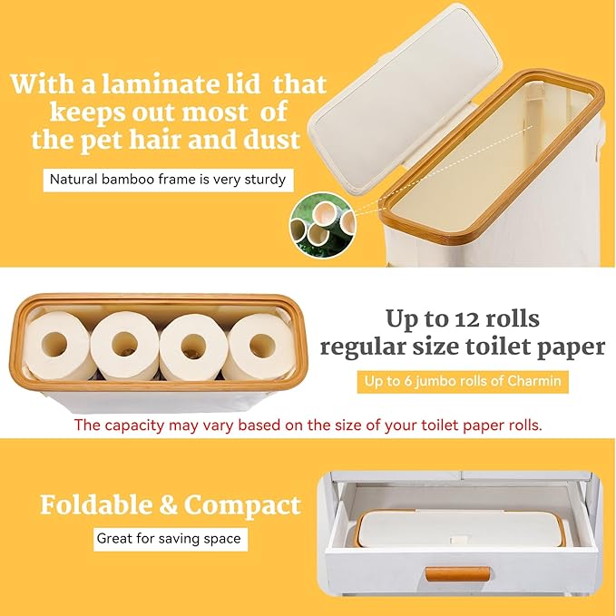 Toilet Paper Storage Basket with Lid, Bamboo Toilet Paper Storage Holder Stand Organizer for Bathroom, Toilet Paper Storage Box Container with Handle Bin for RV Closet, Beige