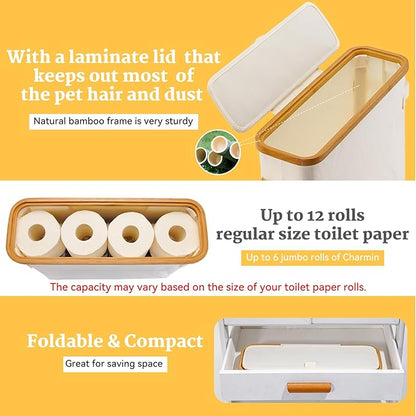 Toilet Paper Storage Basket with Lid, Bamboo Toilet Paper Storage Holder Stand Organizer for Bathroom, Toilet Paper Storage Box Container with Handle Bin for RV Closet, Beige