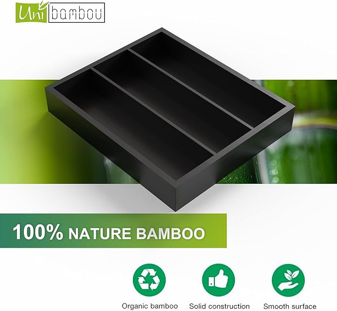 Unibambou Bamboo Utensil Drawer Organizer, Silverware Tray Organizer, Kitchen Drawer Organizer for Flatware Cutlery (Black, 3 Slots)