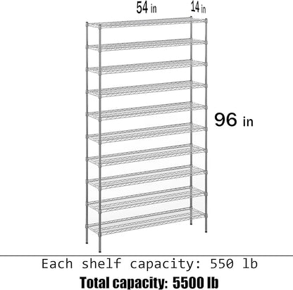 14" Deep x 54" Wide x 96" Height Wire Shelving Kit | 10-Tier | NSF Commercial Storage Rack Unit