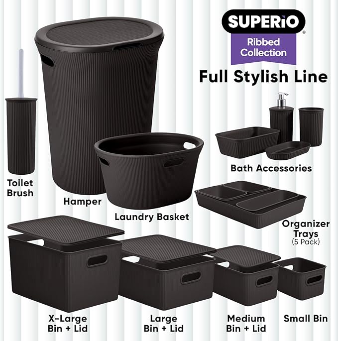 Decorative Plastic Basket Lidded Home Storage Bins Organizer Baskets, Medium Brown (1 Pack - 5 Liter) Stackable Container Box, for Organizing Closet Storage Bins for Shelves - Ribbed Collection