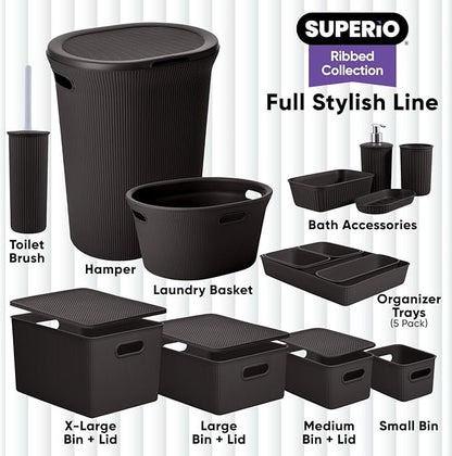 Decorative Plastic Basket Lidded Home Storage Bins Organizer Baskets, Medium Brown (1 Pack - 5 Liter) Stackable Container Box, for Organizing Closet Storage Bins for Shelves - Ribbed Collection
