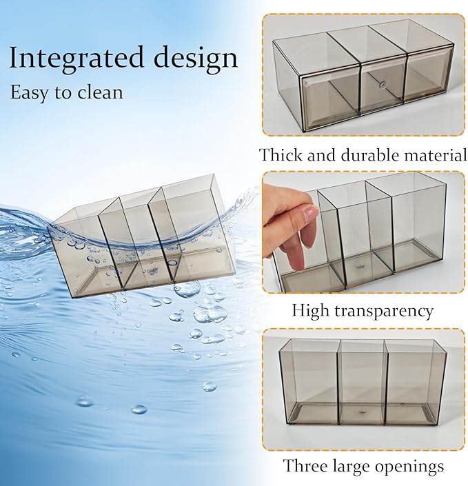 Acrylic Cutlery Organizer, 3-Sectio Clear Plastic Utensil Storage Caddy for Kitchen Countertop, Holds Forks, Knives & Spoons (Transparent gray, 7.1 * 2.6 * 3.5In)