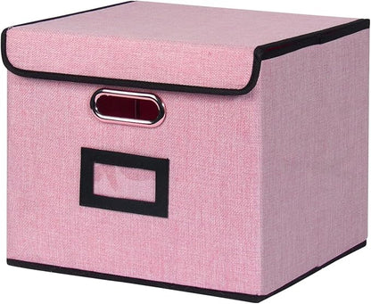 Large Square Storage Bin with Lid, Foldable Organizer Box with Handles & Label Design, for Office, Closet, Home, Documents, Pink, 12.20 x 10.63 x 10.63 Inches, 1 Pack