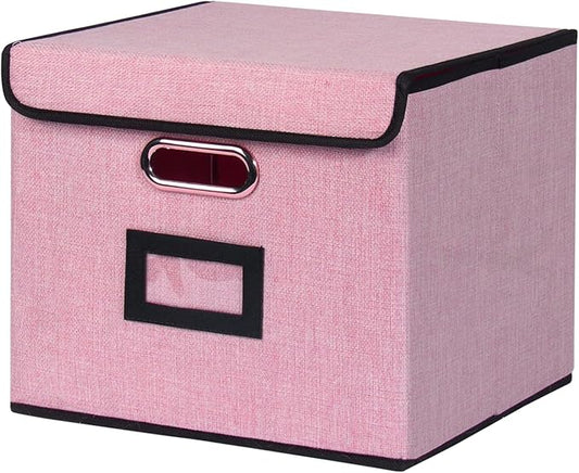 Large Square Storage Bin with Lid, Foldable Organizer Box with Handles & Label Design, for Office, Closet, Home, Documents, Pink, 12.20 x 10.63 x 10.63 Inches, 1 Pack