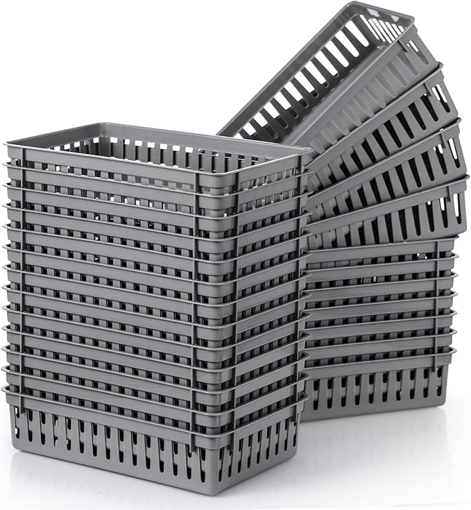 Wenqik 24 Pcs Plastic Storage Baskets for Classroom Organizing Small Pantry Storage Bins Rectangular Tray for Back to School Household Toys Classroom Bedrooms, Kitchens Countertops(Gray)