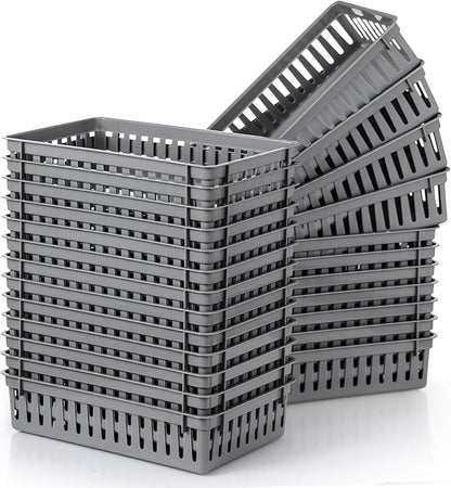 Wenqik 24 Pcs Plastic Storage Baskets for Classroom Organizing Small Pantry Storage Bins Rectangular Tray for Back to School Household Toys Classroom Bedrooms, Kitchens Countertops(Gray)