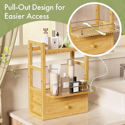AmazerBath Bamboo Bathroom Countertop Organizer, 2-Tier Makeup Organizer with 2 Drawers, Vanity Organizer Storage Coffee Matcha Station, Compact Shelf for Bathroom Kitchen Office