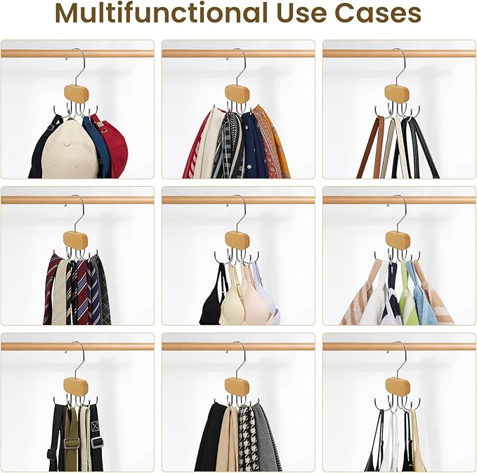 3 Pack Tank Top Hanger, Rotatable Bra Organzier for Closet, Bra Hanger for Closet Organizer, 360° Rotating & Foldable, Metal and Wood, Space-Saving Belt Hangers for Tank Tops, Belt, Tie (Wood)