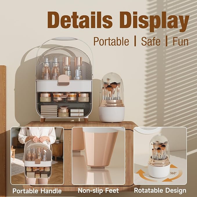 Makeup Organizer Countertop & 360° Rotating Makeup Brush Holder, Skincare Holder with Lid and Drawers, Storage Box Cosmetic Display Cases, Teen Girl Gifts, Vanity, Bathroom Counter,Rose Gold