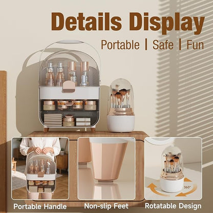 Makeup Organizer Countertop & 360° Rotating Makeup Brush Holder, Skincare Holder with Lid and Drawers, Storage Box Cosmetic Display Cases, Teen Girl Gifts, Vanity, Bathroom Counter,Rose Gold