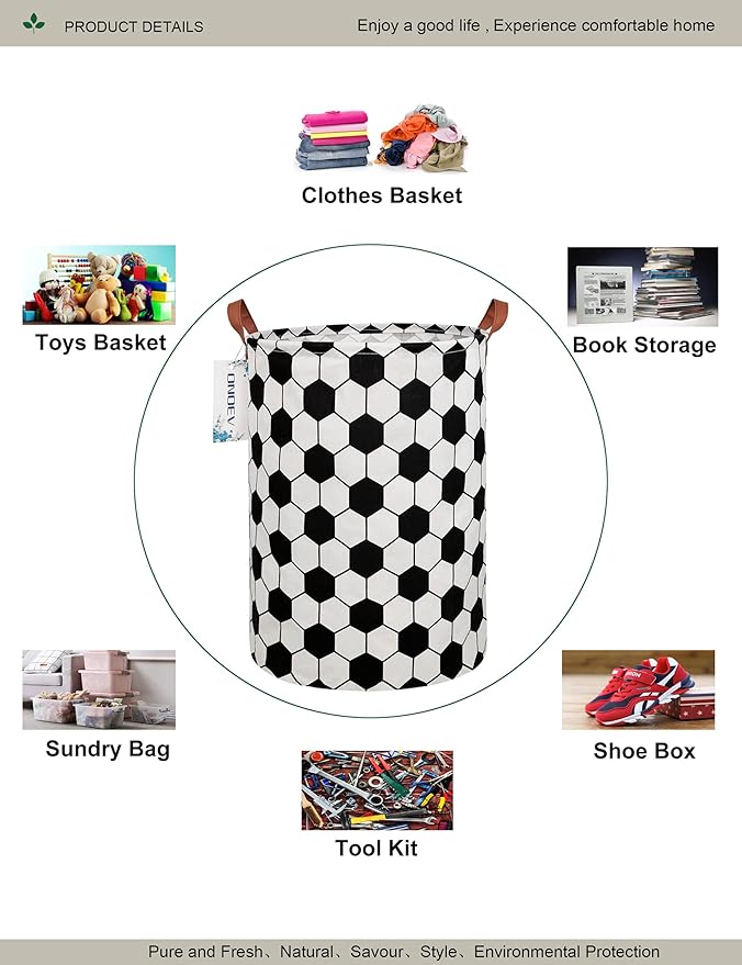 Round Soccer Ball Laundry Basket,Collapsible Laundry Hamper for Boys,Classic Football Print Storage Bin,Waterproof Toy Storage for Kids Room,Nursery,Playroom,New Parent Gift(Hexagon Football)
