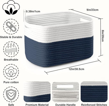 4 Pack Storage Baskets for Organizing, 12''Lx9''Wx8''H Woven Baskets for Storage Toys, Towels, Books, and Clothes, Cotton Rope Basket for Shelves with Handle