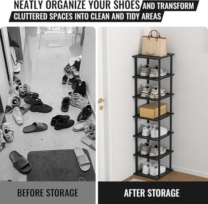 MHXW SXPN Bamboo Free Standing Shoe Rack Shelf Multi Tier Tall Wooden Stackable Shoes Rack Organizer for Closet Front Door Entrance Narrow Vertical Shoe Storage Rack for Corner Stand (Black, 7 Tiers)