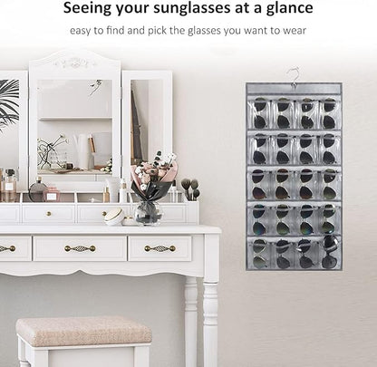 Dual Sided Hanging Sunglasses Organizer Storage Wall Mounted Eyeglasses Holder Eyewear Display Case with 40 Clear Slots (40 Pockets-Grey)