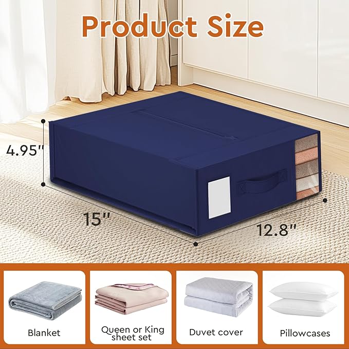 StorageTastic 2 Pack Bed Sheet Closet Organizers and Storage,Sturdy Foldable Storage Containers with Window and Label,Storage and Organization for Bedding Sheets,Duvet Covers,Blankets (Blue)