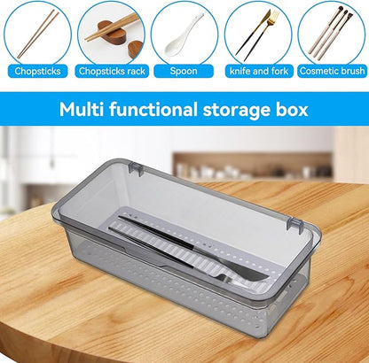 2PCS Silverware Organizer with Lid, Silverware Tray with Drainer Kitchen Cutlery Tray and Utensil Storage Container to Keeps Your Cutlery Organized (Grey)