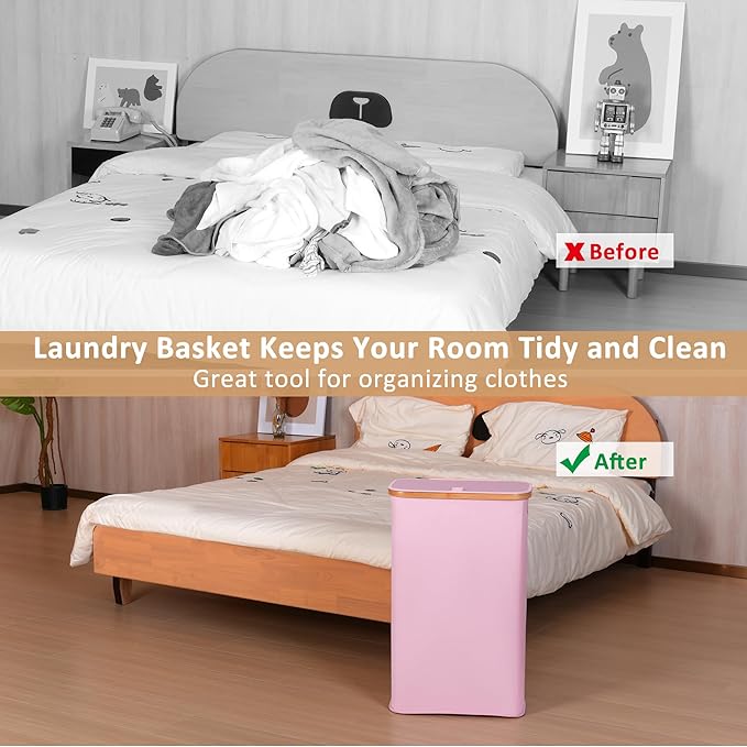 iEGrow 65L Slim Laundry Hamper, Narrow Laundry Basket with Lid,Foldable Clothes Hamper with Bamboo Handles,Hamper Basket with Removable Inner Bag for Laundry Room Bedroom College Dorm,17.17 Gals Pink