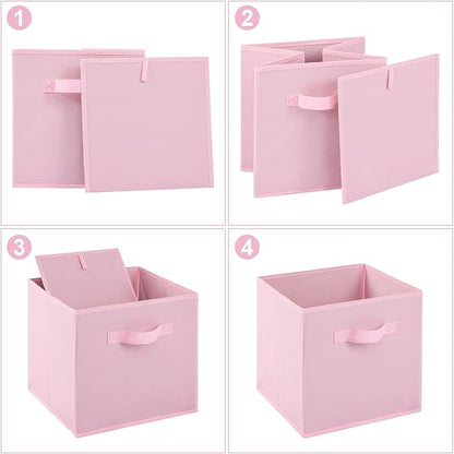 Stero Fabric Storage Bins 6 Pack Fun Colored Durable Storage Cubes with Fabric Handles Foldable Cube Baskets for Home, Kids Room, Closet and Toys Organization Pink