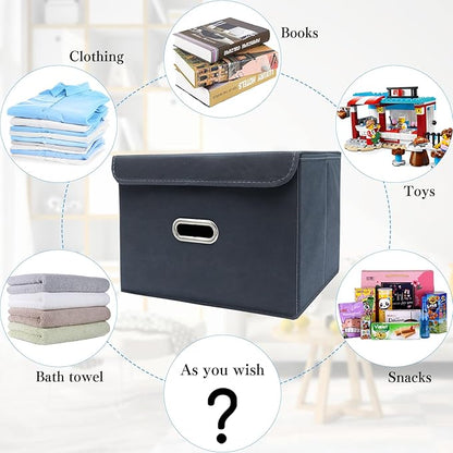 STOREONE Fabric Storage Cube Bins Foldable Organizer Container Collapsible Basket with Lids and Metal Handles, for Home, Bedroom, Closet 3 Pcs (Grey)