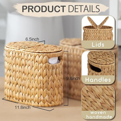 Toilet Paper Basket with Lid, Water Hyacinth Wicker Toilet Paper Storage Holder for 4 Rolls, Toilet Paper Storage for Bathroom