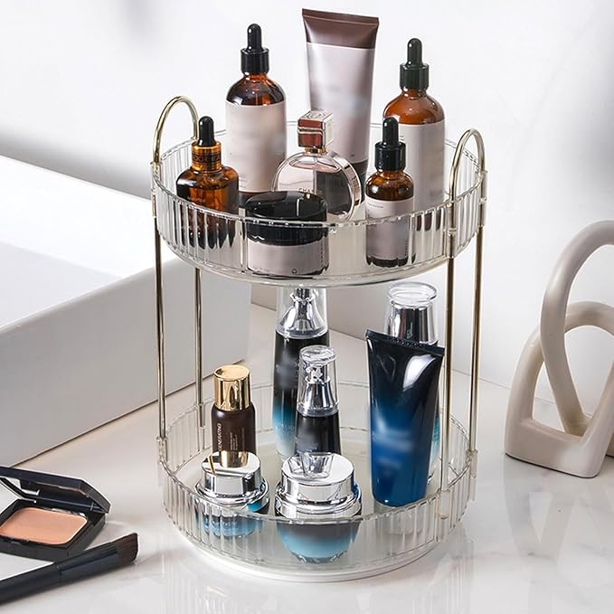 360 Rotating Makeup Organizer and Storage for Vanity Countertop 2 Tiers, High Capacity Cosmetic Skincare Perfume Organizers for Dresser Bathroom Lazy Susan