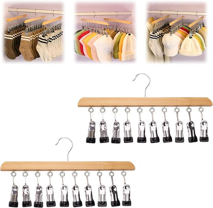 Closet Organizer with 10 Clips, 2026 New Space Saving Hanging Closet Organizer, Hat Scarf Clothespins for Legging Jeans Skirts Socks Pant Hangers (Wood-10 Clips, 2 Pcs)