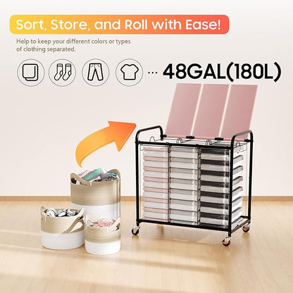 180L (47.55 Gal) Laundry Sorter 3 Section, Rolling Laundry Basket with Lockable Wheels and Lid, Laundry Hamper with 3 Separated Removable Bags Dirty Clothes Hamper for Laundry Room Organizer, Pink