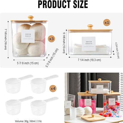 Laundry Room Organization Container, 4pcs Acrylic Laundry Pod Storage Containers, Dryer Sheet Holder Jars with Bamboo Lids and Labels for Scent Booster Powder Detergent Pods Storage
