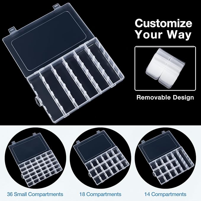 Benbilry 2 Pack 36 Grids Clear Storage Containers Plastic Organizer Box Craft Storage Boxes with Adjustable Dividers for Beads Organizer Art DIY Fishing Tackles Jewelry Crafts