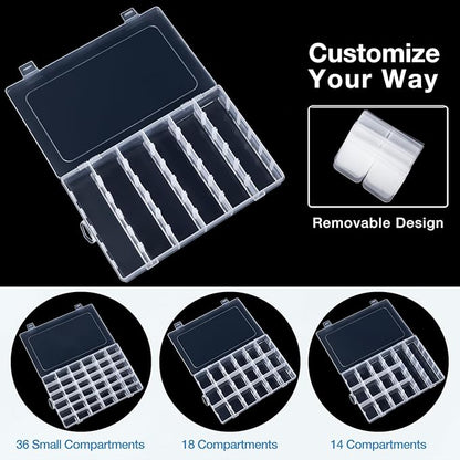 Benbilry 2 Pack 36 Grids Clear Storage Containers Plastic Organizer Box Craft Storage Boxes with Adjustable Dividers for Beads Organizer Art DIY Fishing Tackles Jewelry Crafts