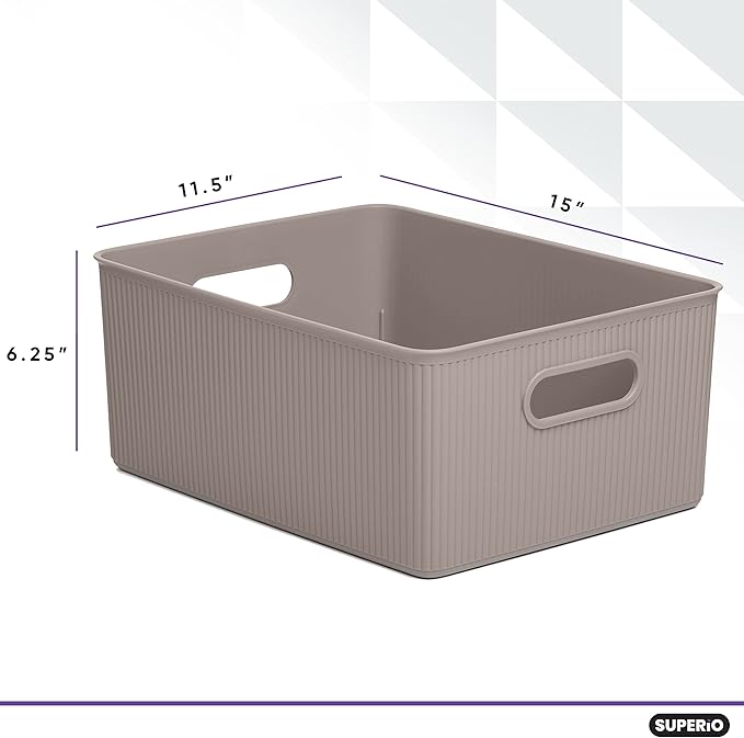 Decorative Plastic Basket Open Home Storage Bins Organizer, Large Taupe (2 Pack) Container Boxes for Organizing Closet Storage Bins for Shelves Drawer Shelf - Ribbed Collection 15 Liter/16 Quart