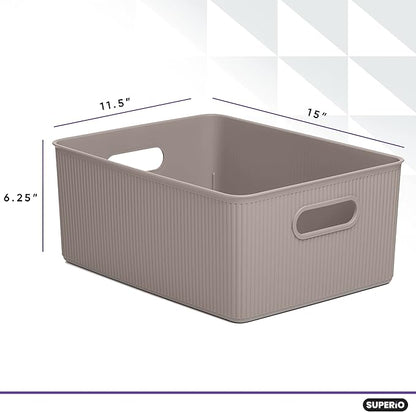 Decorative Plastic Basket Open Home Storage Bins Organizer, Large Taupe (2 Pack) Container Boxes for Organizing Closet Storage Bins for Shelves Drawer Shelf - Ribbed Collection 15 Liter/16 Quart