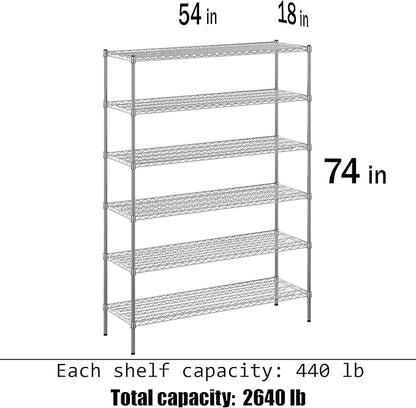 18" Deep x 54" Wide x 74" Height Wire Shelving Kit | 6-Tier | NSF Commercial Storage Rack Unit