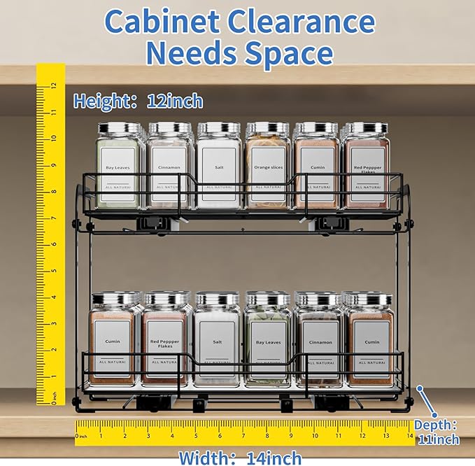 BOIVSHI 2-Tier Pull Out Spice Rack, Spice Rack Organizer, Pull Out Spice Racks for Inside Cabinets, Height Adjustable Heavy Duty Metal Basket for Inside Cabinet & Pantry (13.5''Wx10.5''Dx9.5''H)