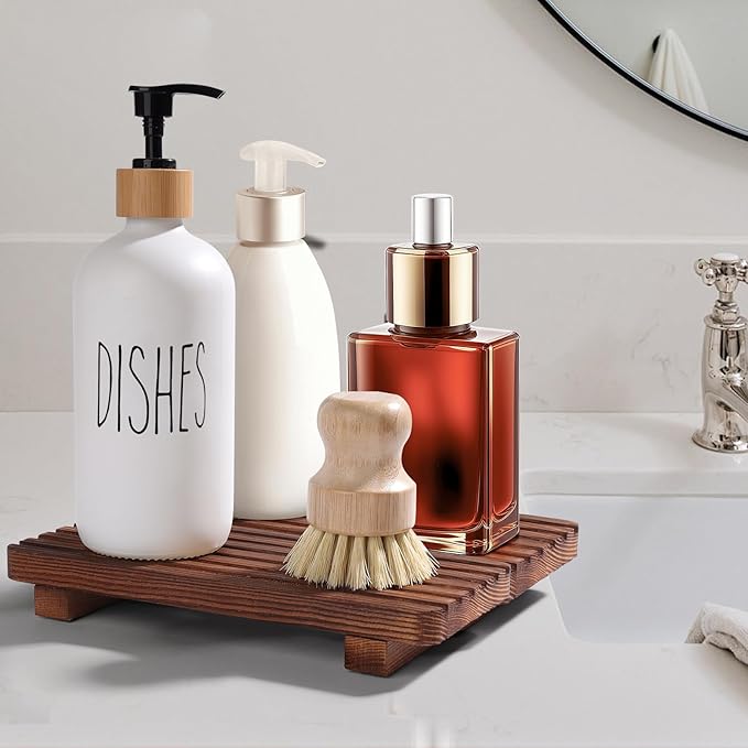 SAMEBUTECO Bathroom Tray,Rustic Wood Soap Tray 2 Packs,Riser Farmhouse Soap Dish Holder,Footed Wood Pedestal Stand for Vanity,Dispenser,Countertop,Size 8.7x4x1.7''