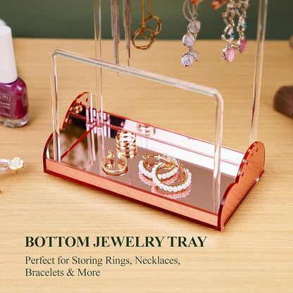 NiHome Acrylic Earring Holder with Unique Double-Tiered Design, Cute Miniature Clothing Hangers with Spacious Storage for 48 Pairs, Display for Home Vanity & Retail Showrooms (Rose Gold, With Tray)