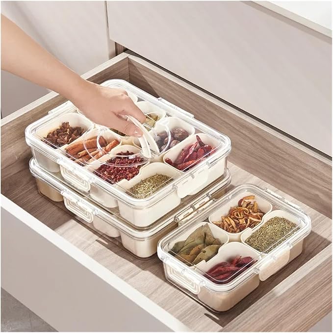 Kitchen Seasoning Storage Box Spice Box Integrated Multi Grid Storage Sealed Tank Moisture-Proof Salt Tank Kitchen Supplies Tool(4 Long)