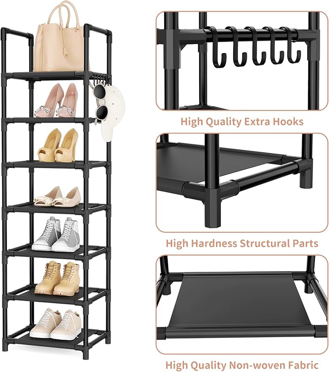 LANTEFUL Tall Shoe Rack 7 Tier Narrow Shoe Shelf Storage for 7-14 Pairs Shoe and Boot, Sturdy Shoe Storage Space Saving Corner Shoe Rack Organizer for Closet, Entryway, Living Room, Black