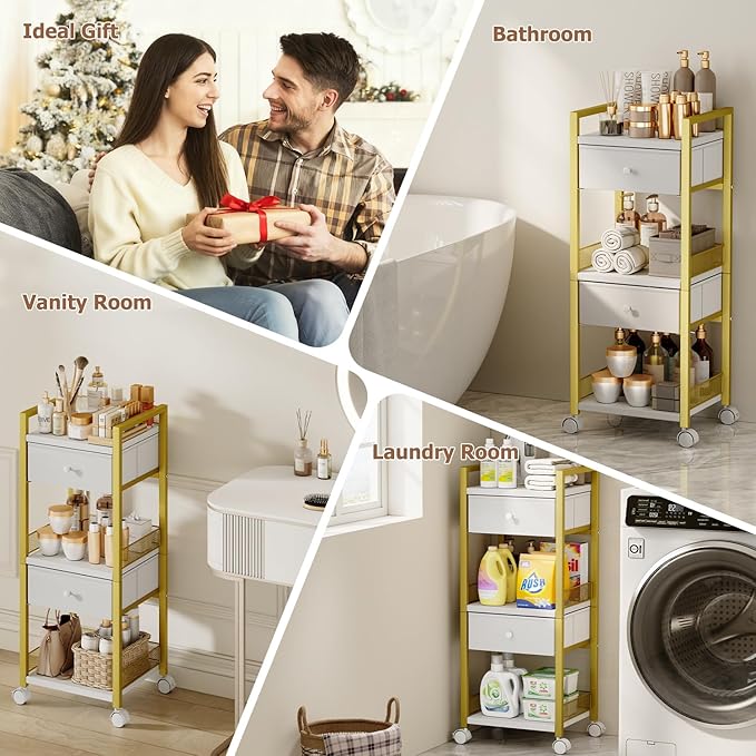 Flycity Makeup Organizer Cart with Drawers, 5 Tiers Rolling Makeup Cart, Floor Skincare Organizers, Vanity Organizer Storage with Wheels Cosmetic Display Cases for Skin Care Perfume Nail Polish, Gold